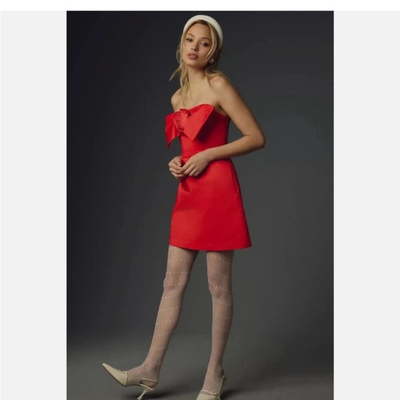 Anthropologie Hutch Strapless Red Dress with Floral Detail - Picture 2 of 8